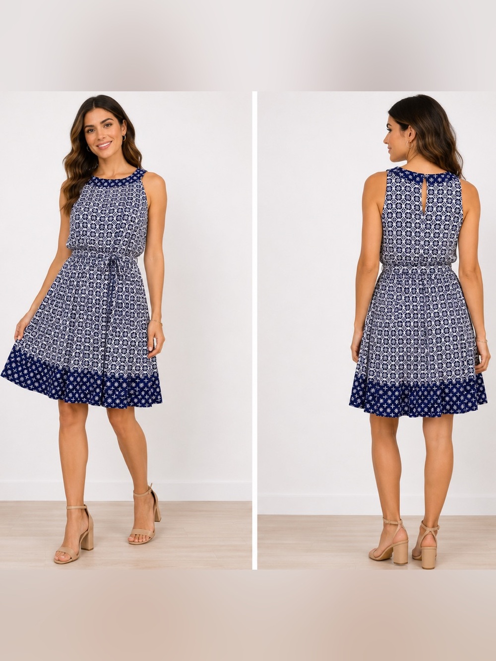 Boden Geometric Print Coastal Sleeveless Fit & Flare Preppy Dress Lined Sz10